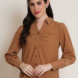 IX IMPRESSION Shirt Collar Cuffed Sleeve Gathered Satin Shirt Style Top-image-7