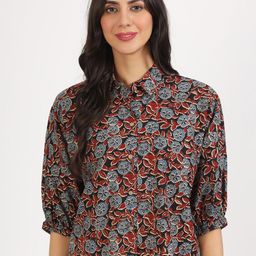 Divena Floral Printed Shirt Collar Three-Quarter Sleeves Cotton Top-picture-46