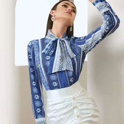 Kotty Floral Printed Tie-Up Neck Crepe Shirt Style Top-image-67