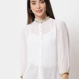 studio rasa Embellished Mandarin Collar Puff Sleeves Sequined Shirt Style Top-image-83