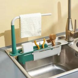 Dish Drainer Kitchen Rack Sink Rack Holder Expandable Storage Drain Basket with Cloth Hanger Holder Plastic-image-92