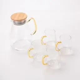 Water Jug with Lid (1820ml), 4 Cups (320ml) & Bamboo Tray Jug Glass Tray Set-image-5