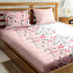 bella casa Pink Floral 220 TC Cotton 1 Double King Size Fitted Bedsheet with 2 Pillow Cover-picture-35