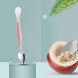 Double Head Baby Spoon Silicone Soft Baby Fruit Scraping Mud Feeding 2 in1- Silicone, Stainless Steel-6