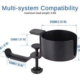 Yoko Meshi 2-in-1 Desk Cup Holder & Headphone Hanger - Black Aluminum Alloy & Silicone - Secure Grip, Anti-Spill, 360° Rotation - Fits 1cm-5cm Table Thickness - Perfect for Home, Work, Gaming Desks image 5