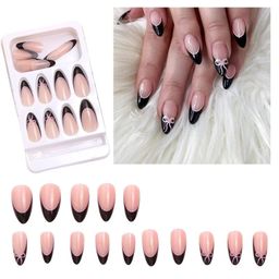 Nakhi 24 Reusable Artificial Fake Nail Set | Base Peach colour with Black tip with Baby Pink Bow Design Glossy Nails | Lightweight & Long Lasting | Quick Fix For Festivals & Special Occasions image 3