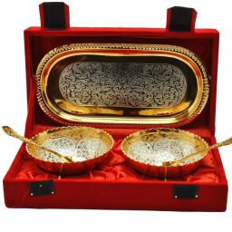 German Silver Round Bowl 5 Pieces Set with Gifts Box Bowl, Tray, Spoon Serving Set-picture-23