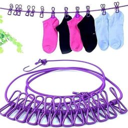 Elastic Cloth Drying Rope with Hooks and Clips – Pack of 2 Plastic Clothesline-image-91