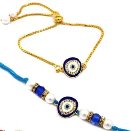 Bhaiya Bhabhi Evil Eye Rakhi and Bracelet Pearl Bracelet, Rakhi Set-11