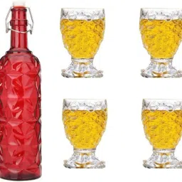 Bottle & 4 Glass Serving Lemon Set, Red, Clear, Glass - A960 Jug Glass Set-image-47