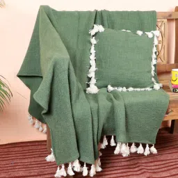 ambbi collections Green Solid Cotton 63x66 Inches Sofa Throw with Cushion Cover-picture-0