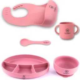 Baby Feeding Set - Bib, Spoon, Open Handle Cup, Suction Base Oval Plate & Bowl - 100 % Food Grade Silicone-picture-6