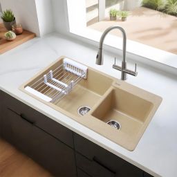 Premium 12mm Thick Quartz Double Bowl Kitchen Sink (34 x 20 x 9 Inches) Natural Sand Choco Granite Stone Matt Finish Drop-In Double Bowl Sink Vessel Sink-image-10