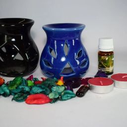 Ceramic Aroma Air Freshner Tea Light Diffuser Combo Pack of 2( Blue & Black Colour) Leaf Cut Floral Fragrance (10ML) Diffuser Set-image-86