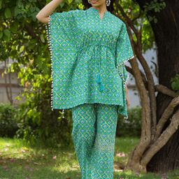 Jaipur Kurti Women Green & White Printed Pure Cotton Night suit-image-54