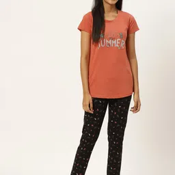BROOWL Women Rust Orange & Black Printed Pure Cotton Night suit-picture-15