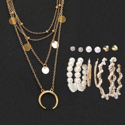 Jewels Galaxy Gold-Plated Layered Necklace With Set Of 6 Studs & Hoop Earrings Set-48