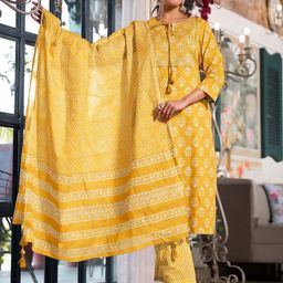 KALINI Women Plus Size Mustard Yellow Printed Gotta Patti Kurta Set Plus Size-25