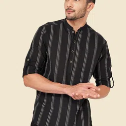 indus route by Pantaloons Men Black Striped Printed Rolled-up Sleeves Kurta-picture-43