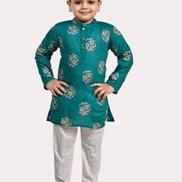 Superminis Boys Pure Cotton Gold Foil Printed Teal & White Kurta Pyjama Set-image-90