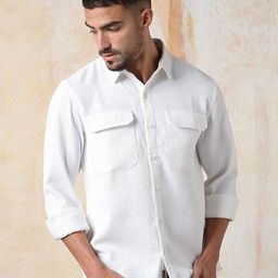 High Star Men Relaxed Fit Spread Collar Double Flap pocket utility Solid Textured Casual Shirt-image-95