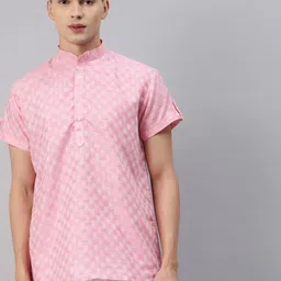 MAG Men Pink & White Checked Regular Kurta-picture-12
