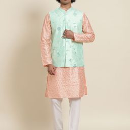 SOJANYA Men Peach-Coloured Floral Embroidered Kurta with Churidar & Nehru Jacket-1