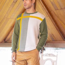 Crimsoune Club Men Green & White Colourblocked Pure Cotton Pullover-image-33