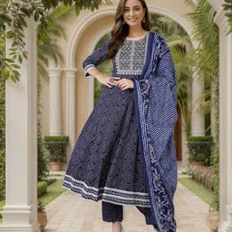 KALINI Bandhani Printed Thread Work Anarkali Kurta With Trousers & Dupatta-14