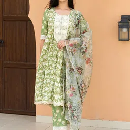 Libas Floral Embroidered Thread Work Pure Cotton Kurta & Trousers With Dupatta-image-72