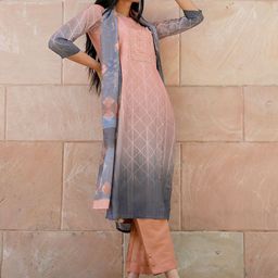 Libas Women Peach-Coloured Floral Yoke Design Thread Work Kurta with Trousers & With Dupatta-picture-4