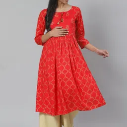 anayna Women Red & Golden Printed Feeding Maternity A-Line Kurta-52