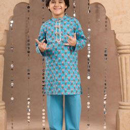LIL DRAMA Boys Floral Printed Gotta Patti Mandarin Collar Pure Cotton Kurta With Pyjama-19