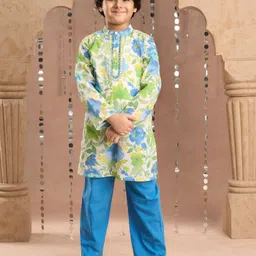 LIL DRAMA Boys Floral Printed Mirror Work Mandarin Collar Pure Cotton Kurta With Pyjamas-19