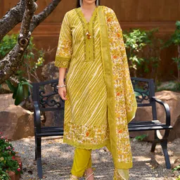 Indo Era Mustard Leheriya Printed Thread Work Pure Cotton Kurta with Trousers & Dupatta-picture-18