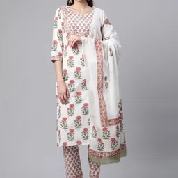 Divena Women White Floral Printed Gotta Patti Pure Cotton Kurta with Trousers & With Dupatta-picture-36