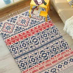 URBAN SPACE Cream & Blue Anti-Skid Bohemian Printed Cotton Rugs-picture-23