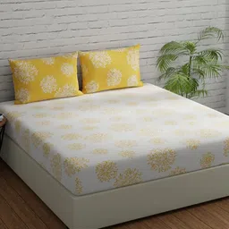 Huesland White & Yellow Floral Fitted Cotton 144 TC Double Queen Bedsheet Set-picture-53