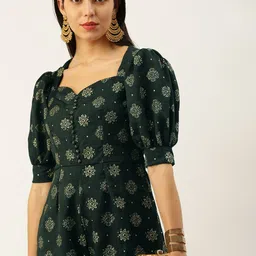 Ethnovog Foil Printed Sweetheart Neck Puff Sleeves Ethnic Culotte Jumpsuit-image-81