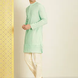 House of Pataudi Men Blue & Gold-Toned Zari Striped Rozana Kurta-picture-18
