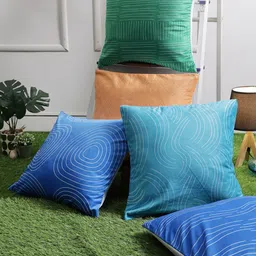 Aura Blue & Green 5 Pieces Geometric Printed Velvet Square Cushion Covers-image-75