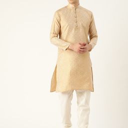 SOJANYA Men Mustard Yellow & Off-White Woven Design Kurta with Churidar-picture-13