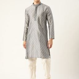 SOJANYA Men Charcoal Grey & Off-White Paisley Embroidered Kurta with Solid Churidar-picture-15
