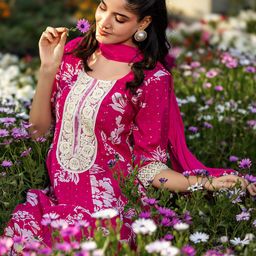 Libas Women Floral Printed Round Neck A-Line Kurta With Trouser And Dupatta-picture-4