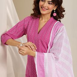 Libas Chevron Embroidered Thread Work V Neck Kurta With Trousers & Dupatta-picture-5