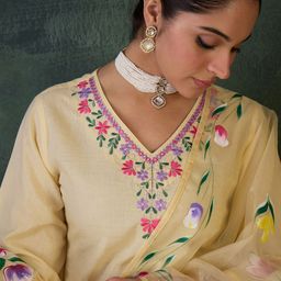 Indo Era Floral Embroidered Neck Pure Cotton Kurta With Trousers & Dupatta-picture-42