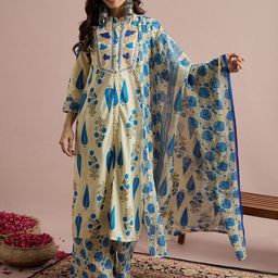 SAHASIKA Floral Printed Pure Cotton Straight Kurta With Trouser And Dupatta-13