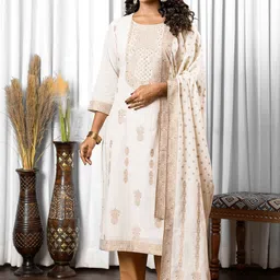 DRESOUL Floral Jacquard Pure Cotton Straight Kurta With Trousers And Dupatta-18