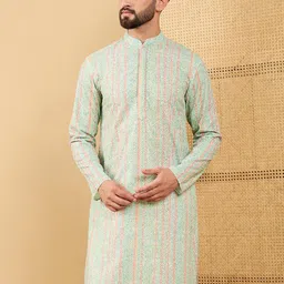 House of Pataudi Embroidered Straiped Straight Chikankari Kurta-image-56