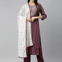 SheWill Women Purple Ethnic Motifs Embroidered Kurta with Trousers & With Dupatta-image-48